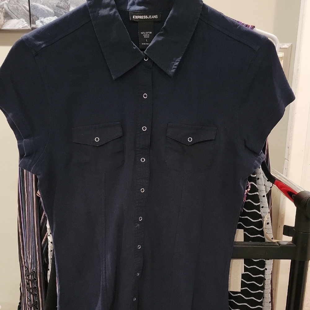 Express Navy Casual Button Down Shirt with Classic Collar And Cap Sleeves
